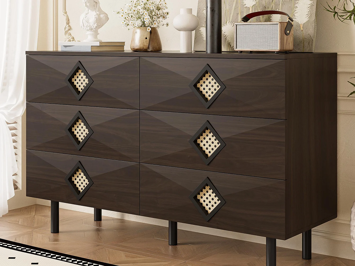 Buffet 120x40x74cm - z 6 szufladami - dekoracja z rattanu - Nóżki metalowe - MDF + Płyty wiórowe - Brązowy 4534163 - obrazek 1