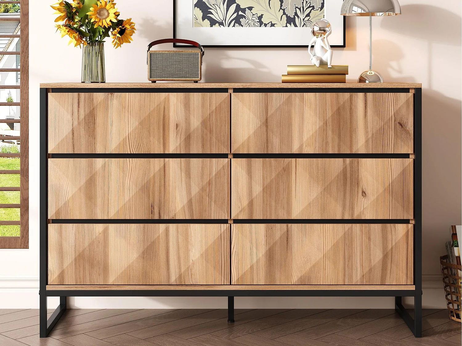 Buffet 120x40x80 cm - z 6 szufladami - Nóżki metalowe - MDF + Płyty wiórowe - Naturalny + Czarny 4534175 - obrazek 1