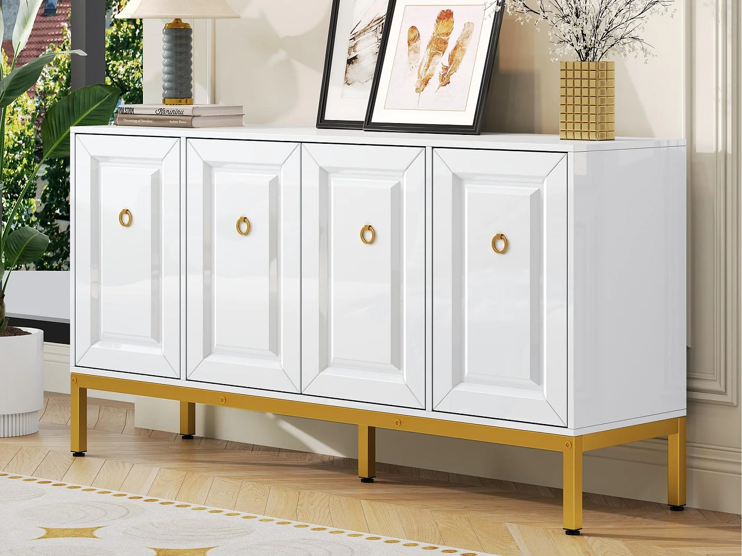 Buffet 140x40x80cm - 4 drzwi - z regulowanymi półkami - Biały + Złoty 4534177 - obrazek 1