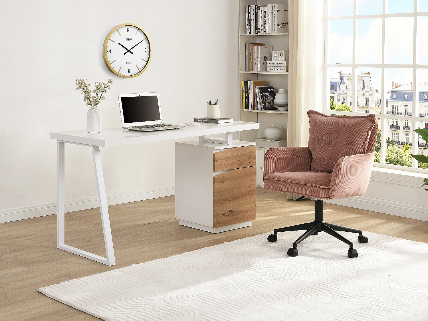 Biurko 1 szuflada i 1 drzwi – MDF i stal – Kolor: Naturalny i biały – GOTAMA 3717002
