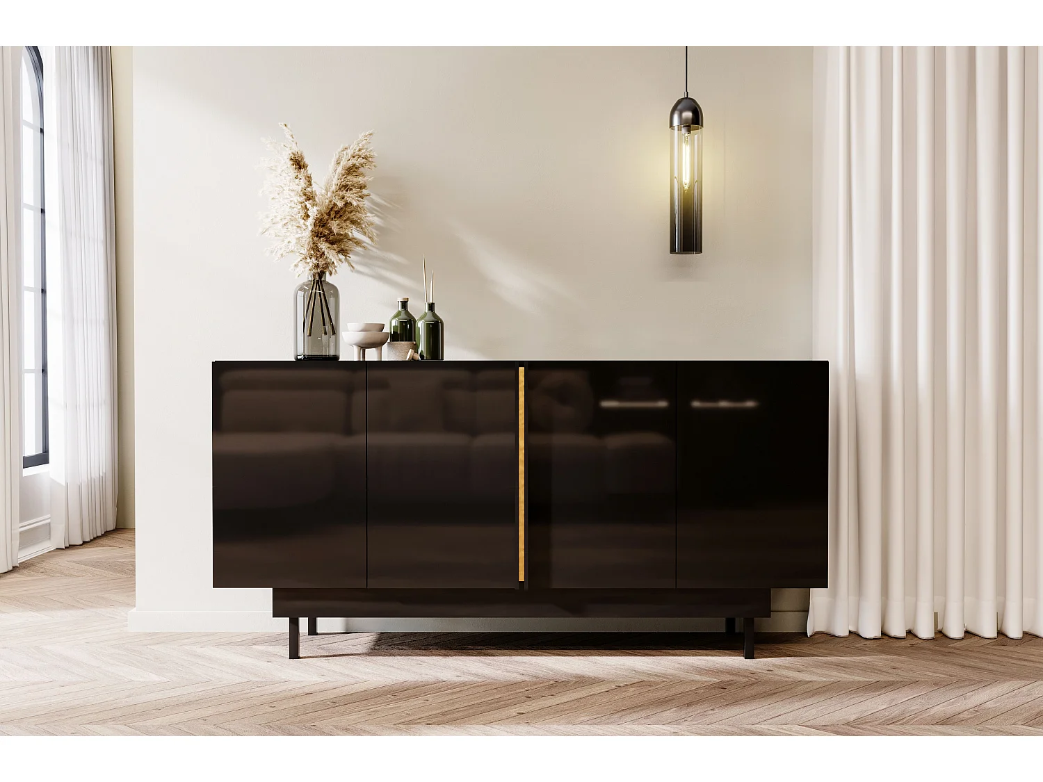 Błyszczący czarny bufet Dancan ARTEMISA z dodatkami w kolorze złota - Nowoczesny i elegancki design z systemem Push to Open 2741667 - obrazek 1