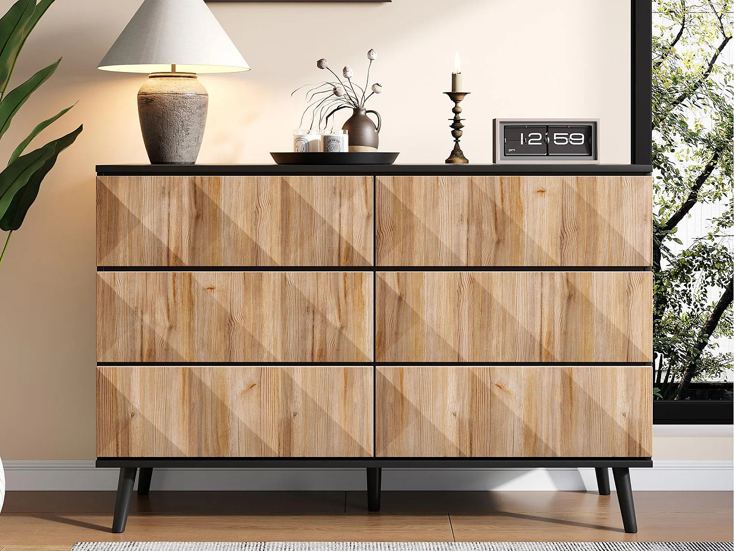 Buffet 120x40x85 cm - 6 szuflad - Konstrukcja żelazna - MDF + płyty wiórowe - Naturalny + Czarny 4567470 - obrazek 1