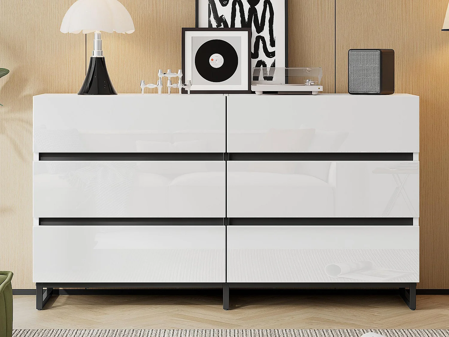 Buffet 140x39.5x78.5 cm - z 6 szufladami - 3 metalowe nóżki - Błyszczące wykończenie - Biały + Czarny 4567471 - obrazek 1