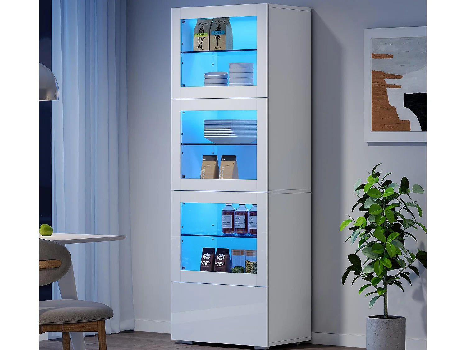Błyszcząca witryna 60x40x173 cm – z oświetleniem LED – 3 drzwi i 1 szuflada – Regulowane półki – Biały 4569737
