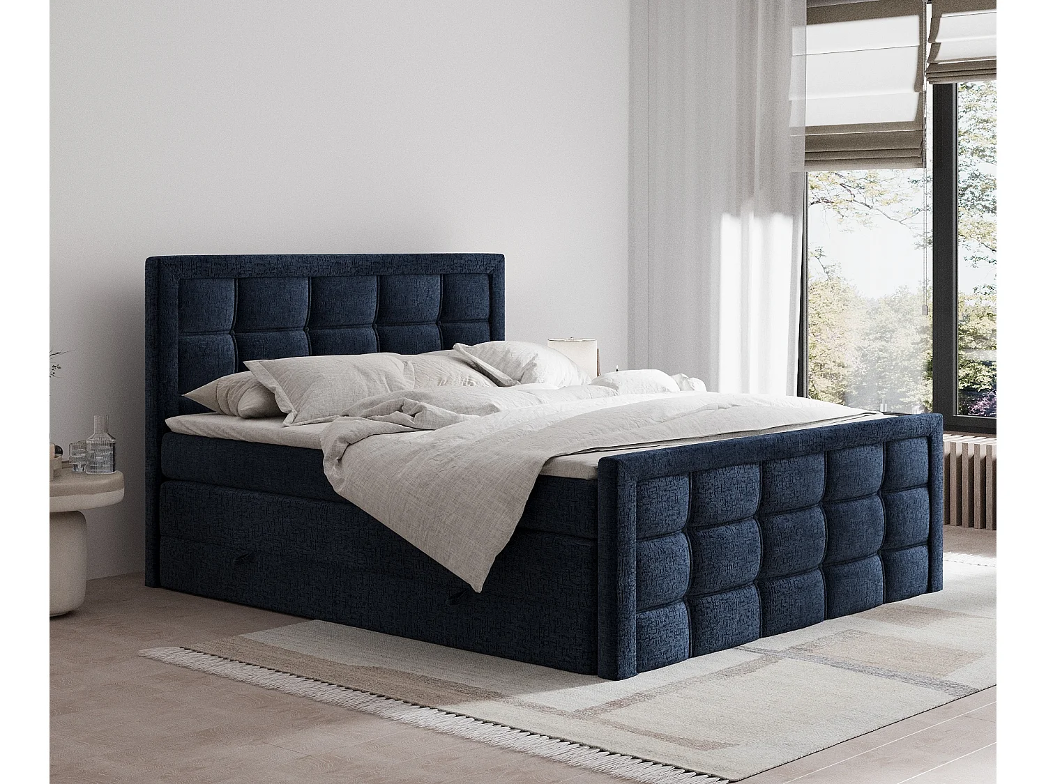 Łóżko boxspring w tkaninie szenilowej Ambrosia - materac - topper - 140x200 cm - granatowy 3980795 - obrazek 1