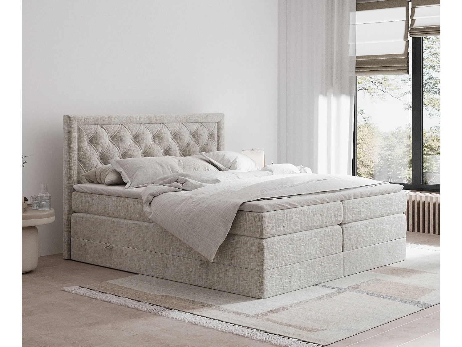 Łóżko boxspring w tkaninie szenilowej Aurelia - materac - topper - 140x200 cm - beżowy 3981272 - obrazek 1