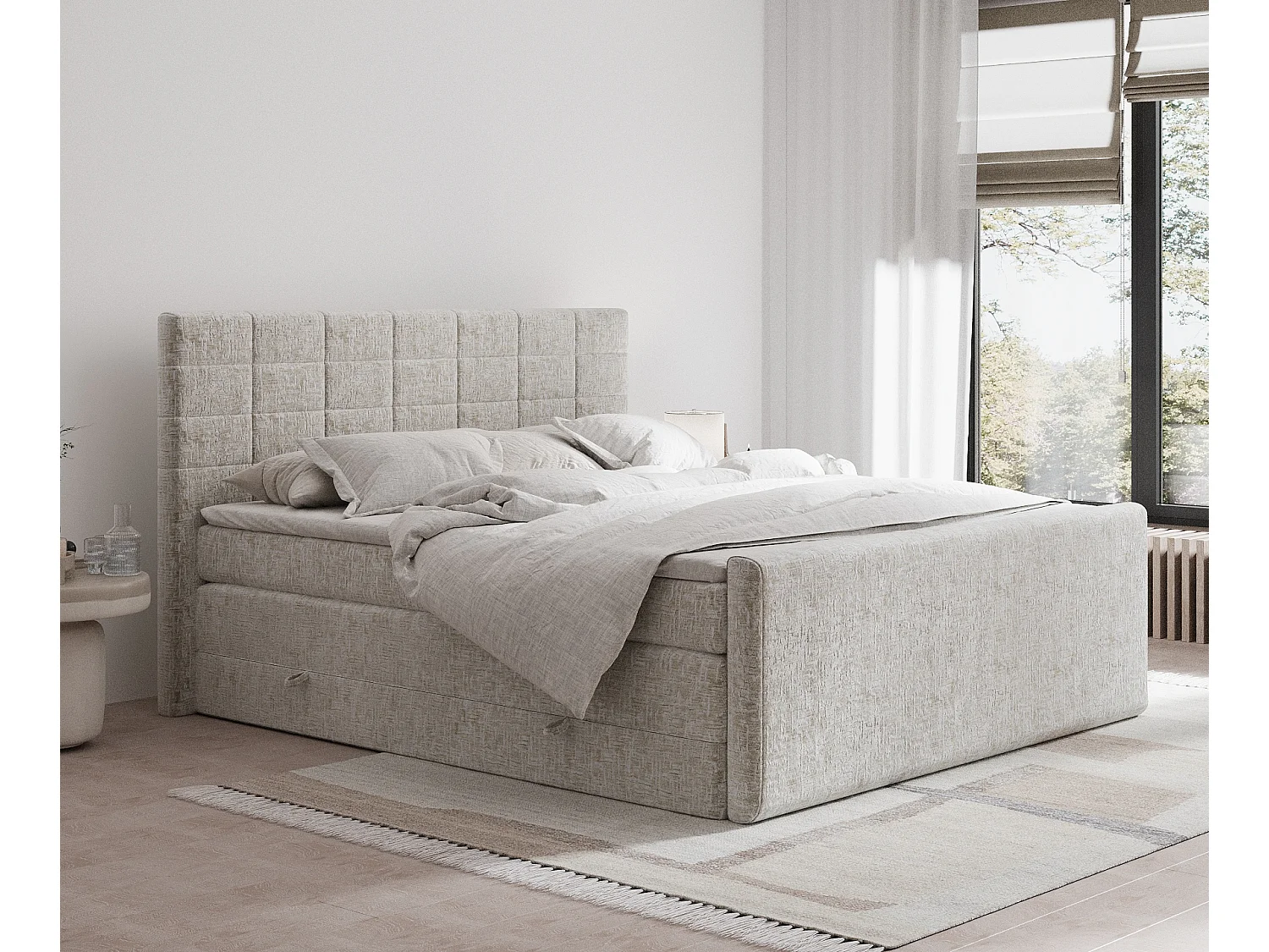 Łóżko boxspring w tkaninie szenilowej Ava - materac - topper - 140x200 cm - beżowy 3981565 - obrazek 1