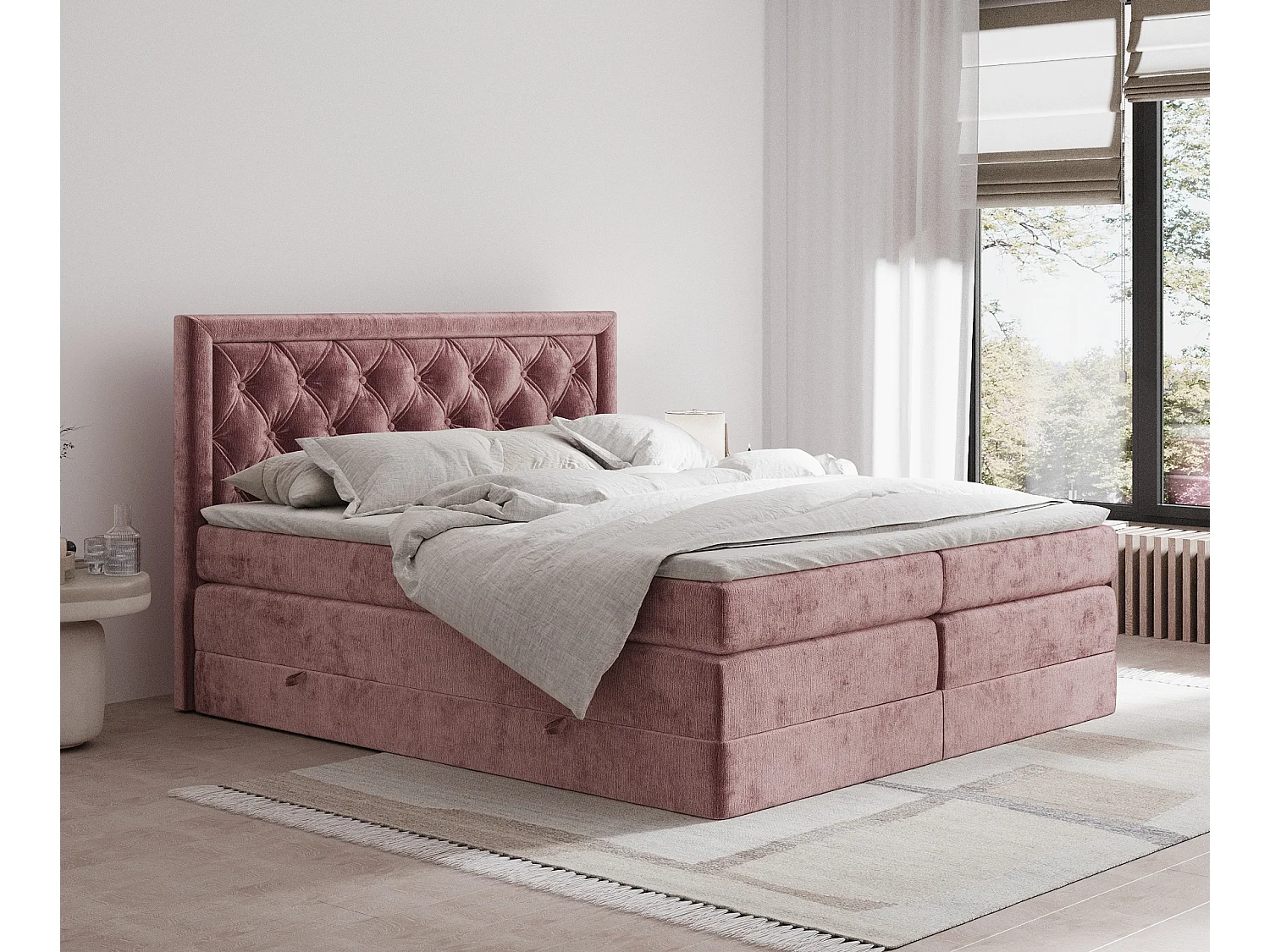 Łóżko boxspring w tkaninie szenilowej Aurelia - materac - topper - 140x200 cm - różowy 3980820 - obrazek 1