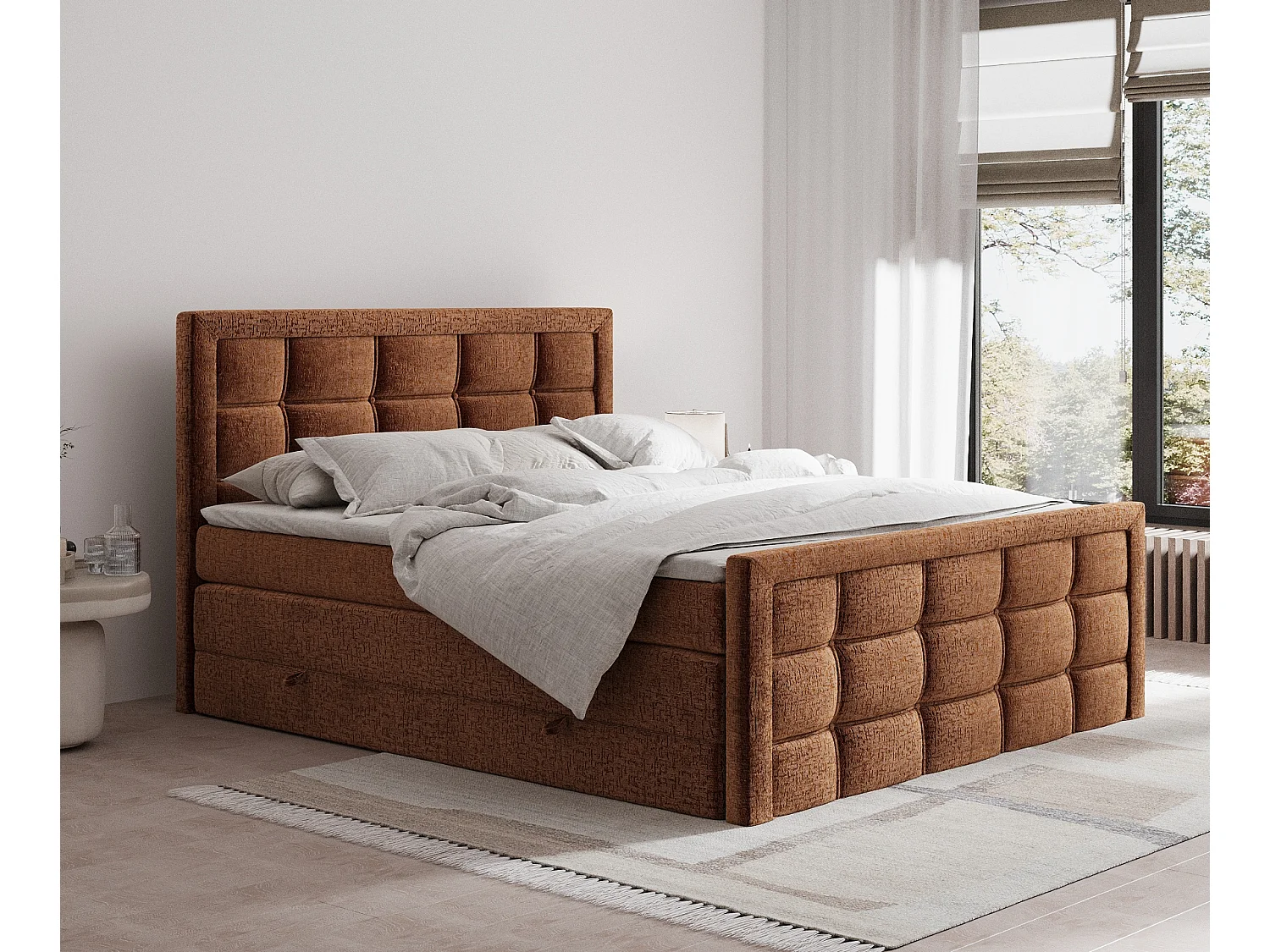 Łóżko boxspring w tkaninie szenilowej Ambrosia - materac - topper - 160x200 cm - miedziany 3980925 - obrazek 1