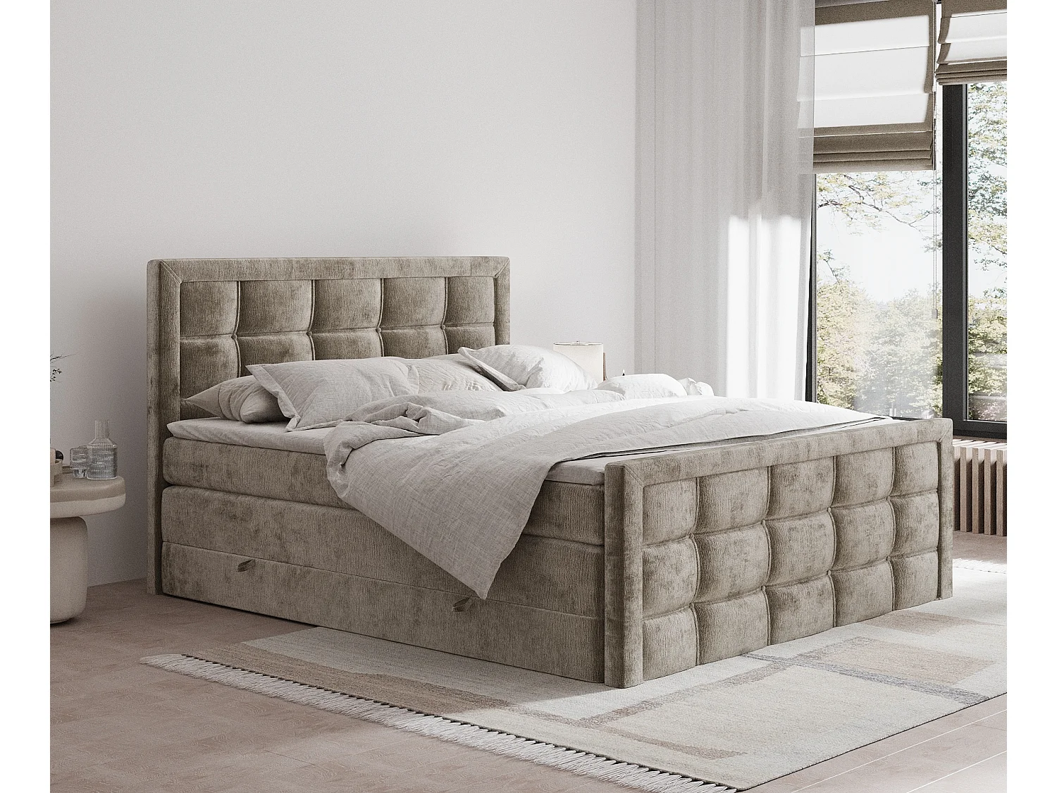 Łóżko boxspring w tkaninie szenilowej Ambrosia - materac - topper - 180x200 cm - beżowy 3980843 - obrazek 1