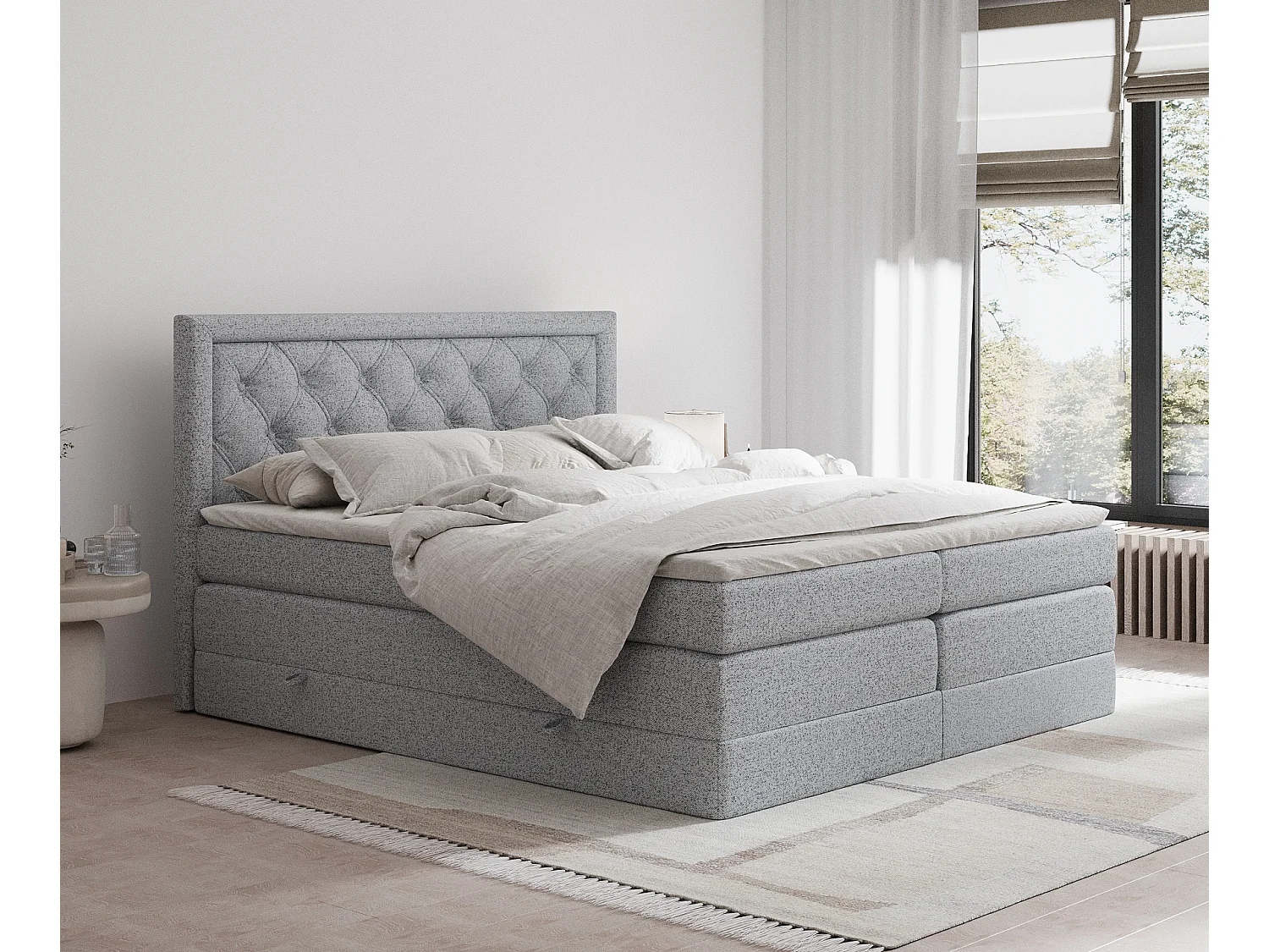 Łóżko boxspring w tkaninie plecionej Aurelia – materac – topper – 160×200 cm – szary 3980847
