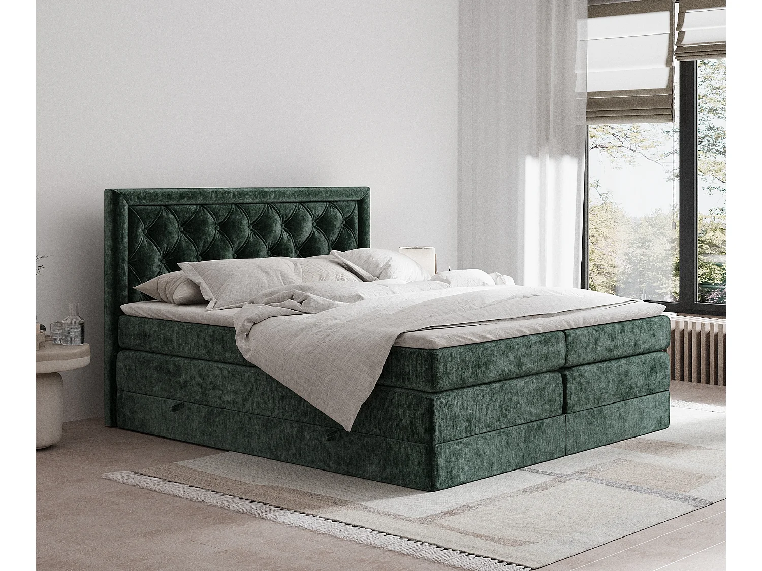 Łóżko boxspring w tkaninie szenilowej Aurelia - materac - topper - 140x200 cm - zielony 3980936 - obrazek 1