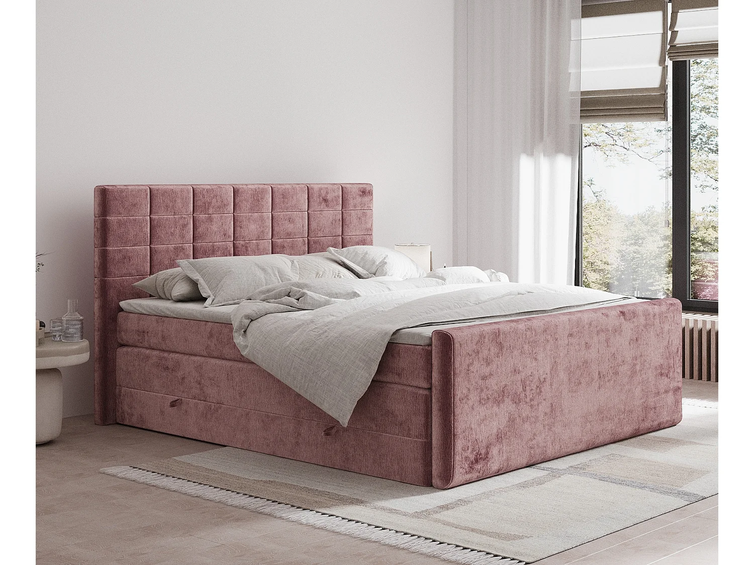 Łóżko boxspring w tkaninie szenilowej Ava - materac - topper - 160x200 cm - różowy 3981193 - obrazek 1