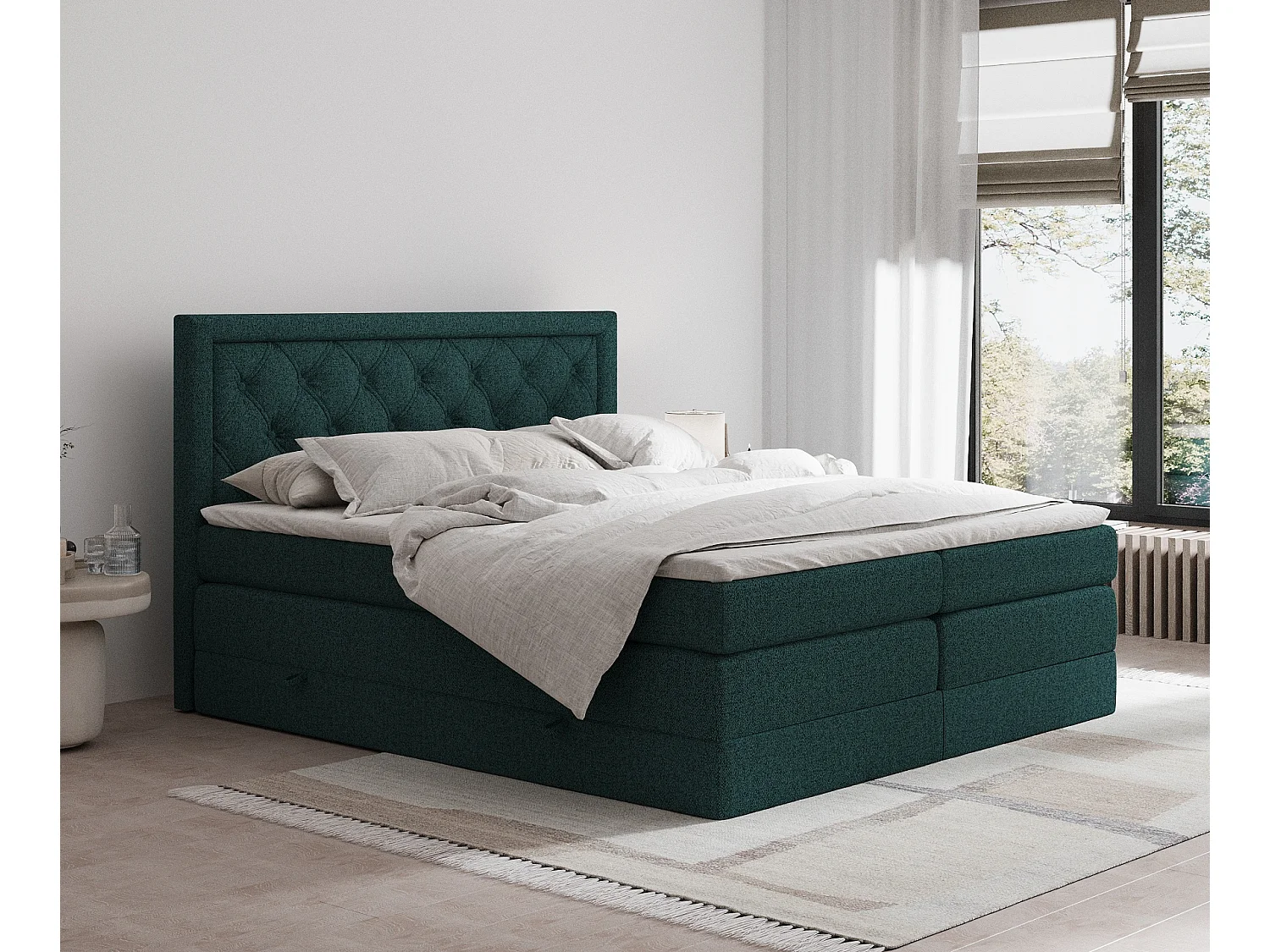Łóżko boxspring w tkaninie plecionej Aurelia – materac – topper – 200×200 cm – zielony 3981242