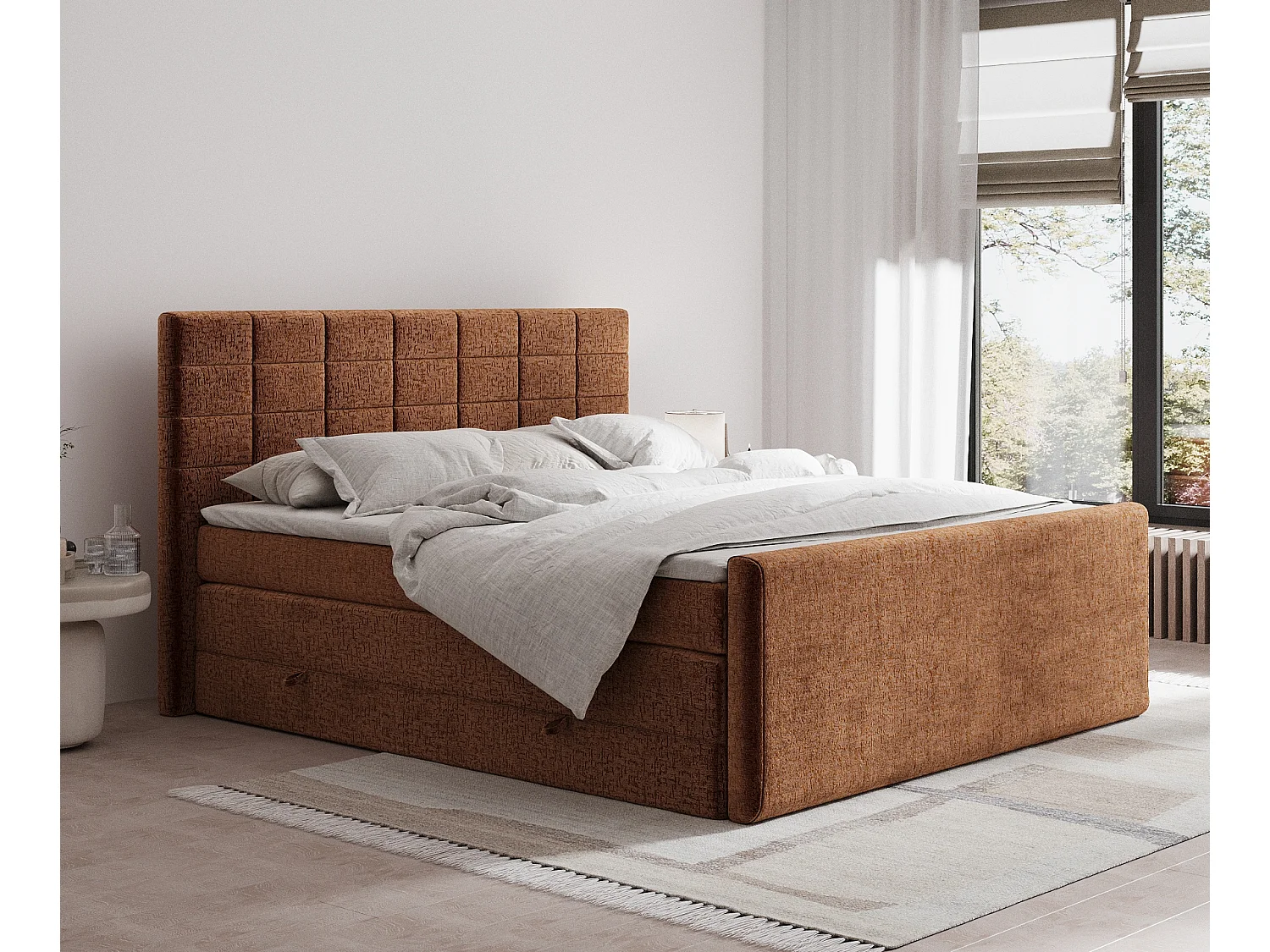 Łóżko boxspring w tkaninie szenilowej Ava - materac - topper - 180x200 cm - miedziany 3981148 - obrazek 1