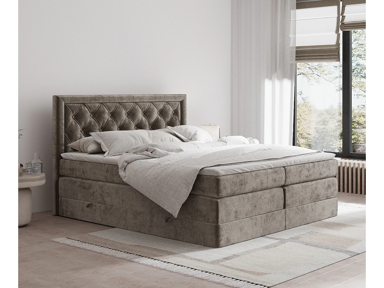 Łóżko boxspring w tkaninie szenilowej Aurelia - materac - topper - 200x200 cm - brązowy 3981285 - obrazek 1
