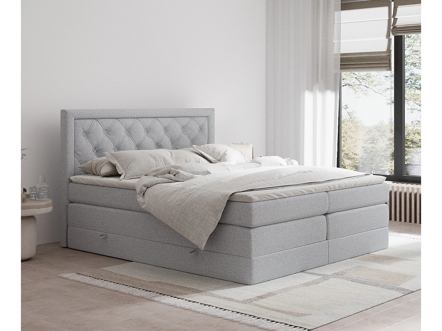 Łóżko boxspring w tkaninie plecionej Aurelia – materac – topper – 180×200 cm – jasnoszary 3981494