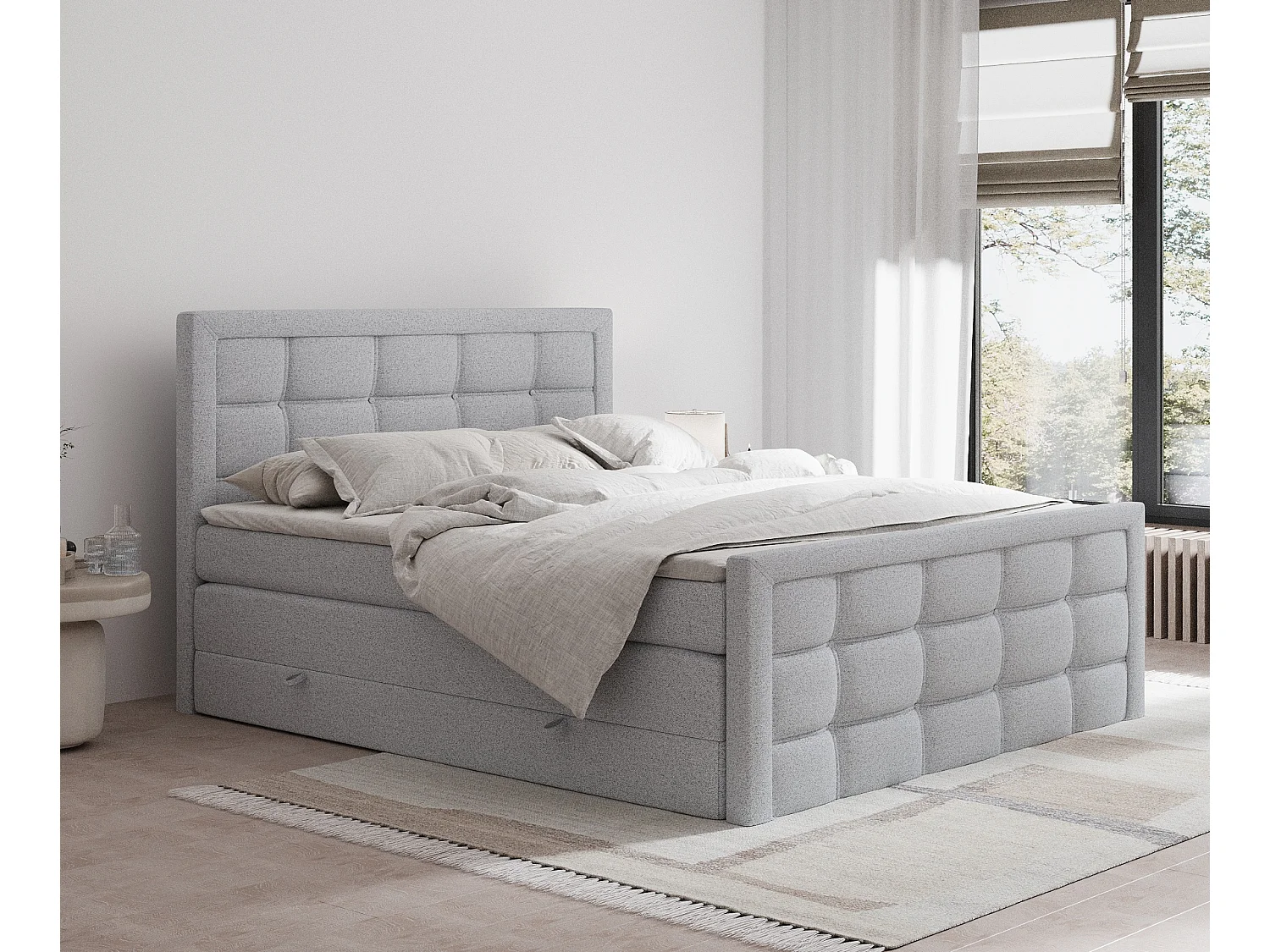 Łóżko boxspring w tkaninie plecionej Ambrosia – materac – topper – 180×200 cm – jasnoszary 3981127