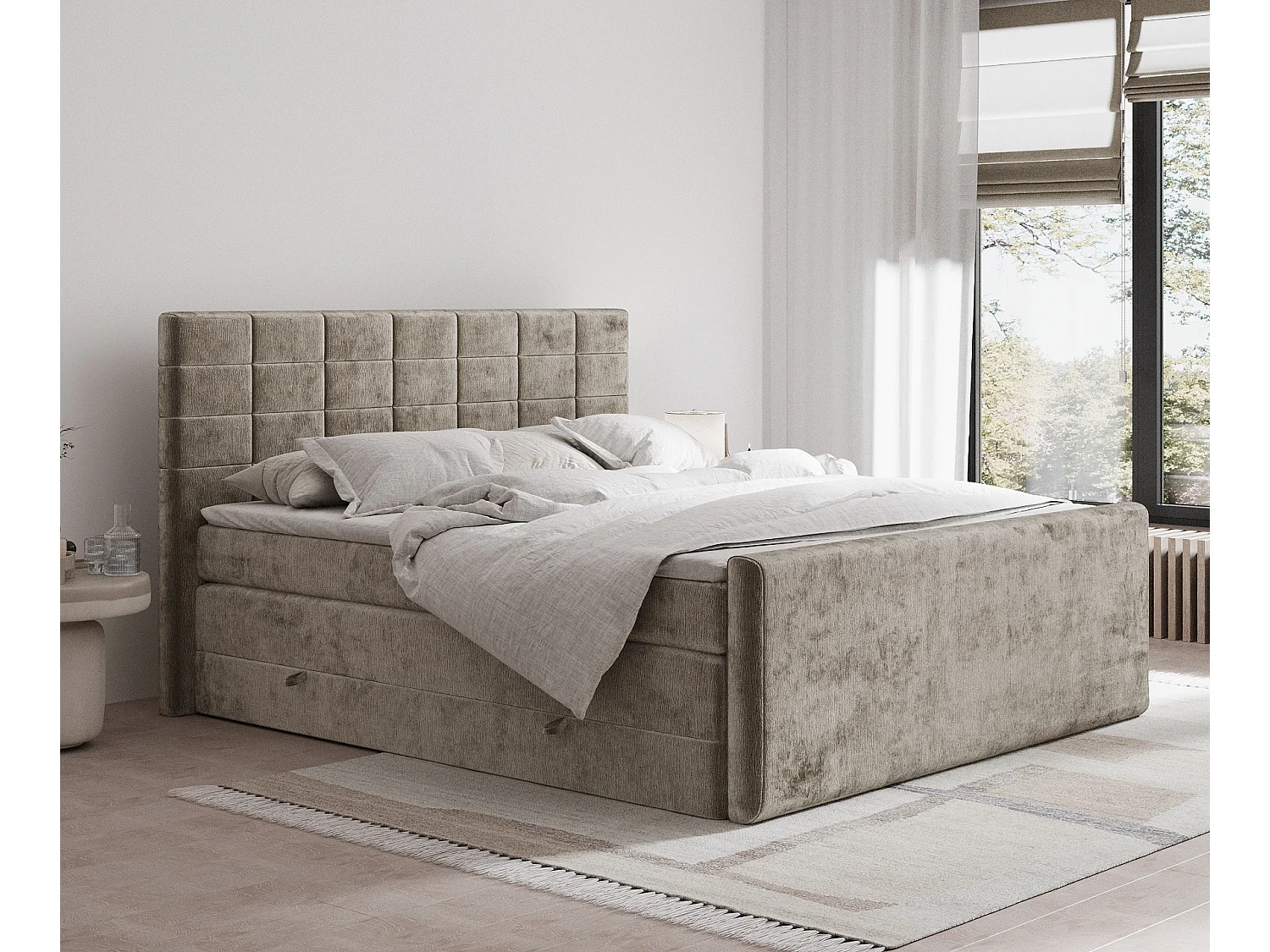 Łóżko boxspring w tkaninie szenilowej Ava - materac - topper - 200x200 cm - beżowy 3981484 - obrazek 1