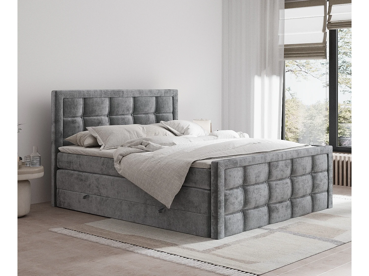 Łóżko boxspring w tkaninie szenilowej Ambrosia - materac - topper - 160x200 cm - szary 3981251 - obrazek 1