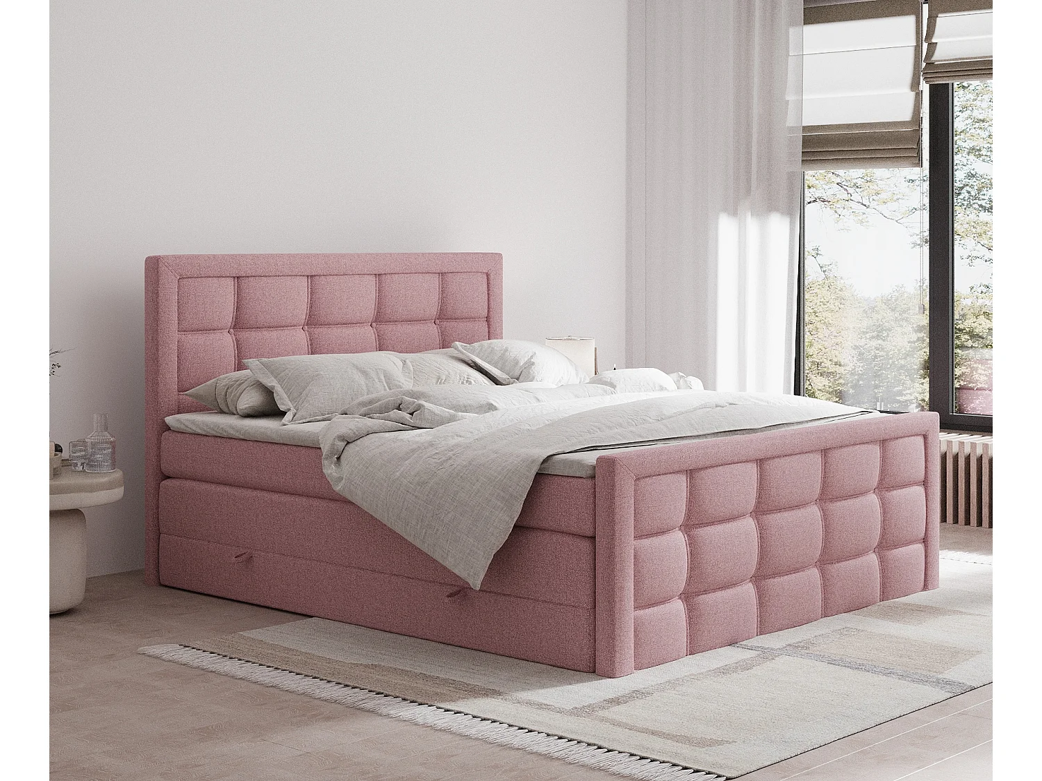 Łóżko boxspring w tkaninie plecionej Ambrosia – materac – topper – 200×200 cm – różowy 3981631