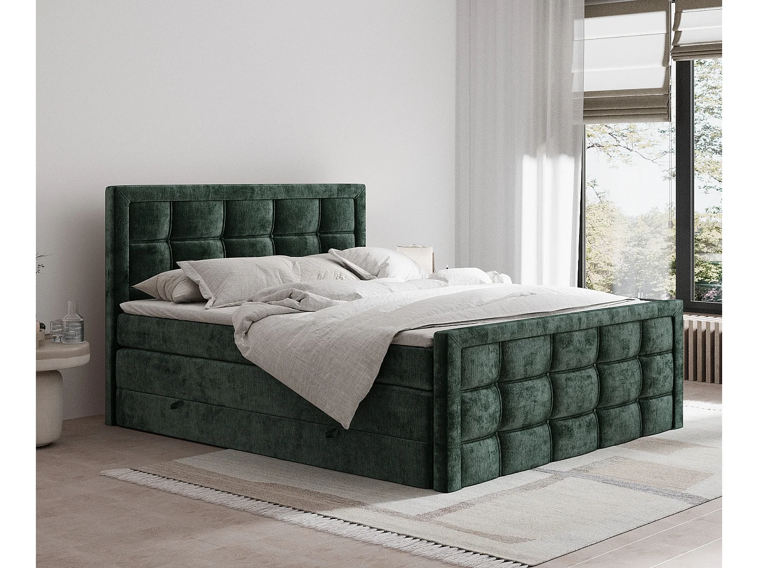 Łóżko boxspring w tkaninie szenilowej Ambrosia - materac - topper - 200x200 cm - zielony 3981633 - obrazek 1