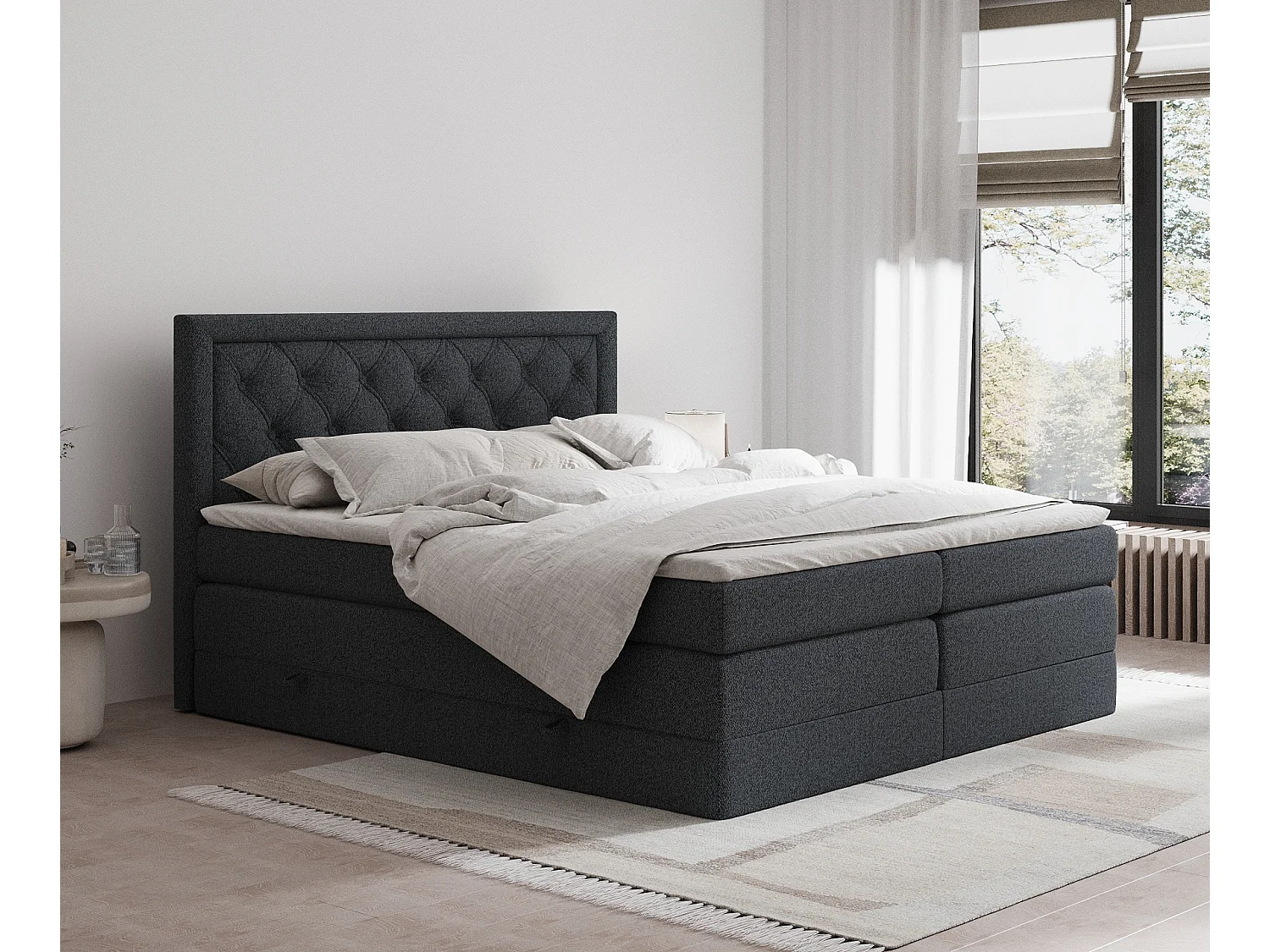 Łóżko boxspring w tkaninie plecionej Aurelia – materac – topper – 140×200 cm – czarny 3981515