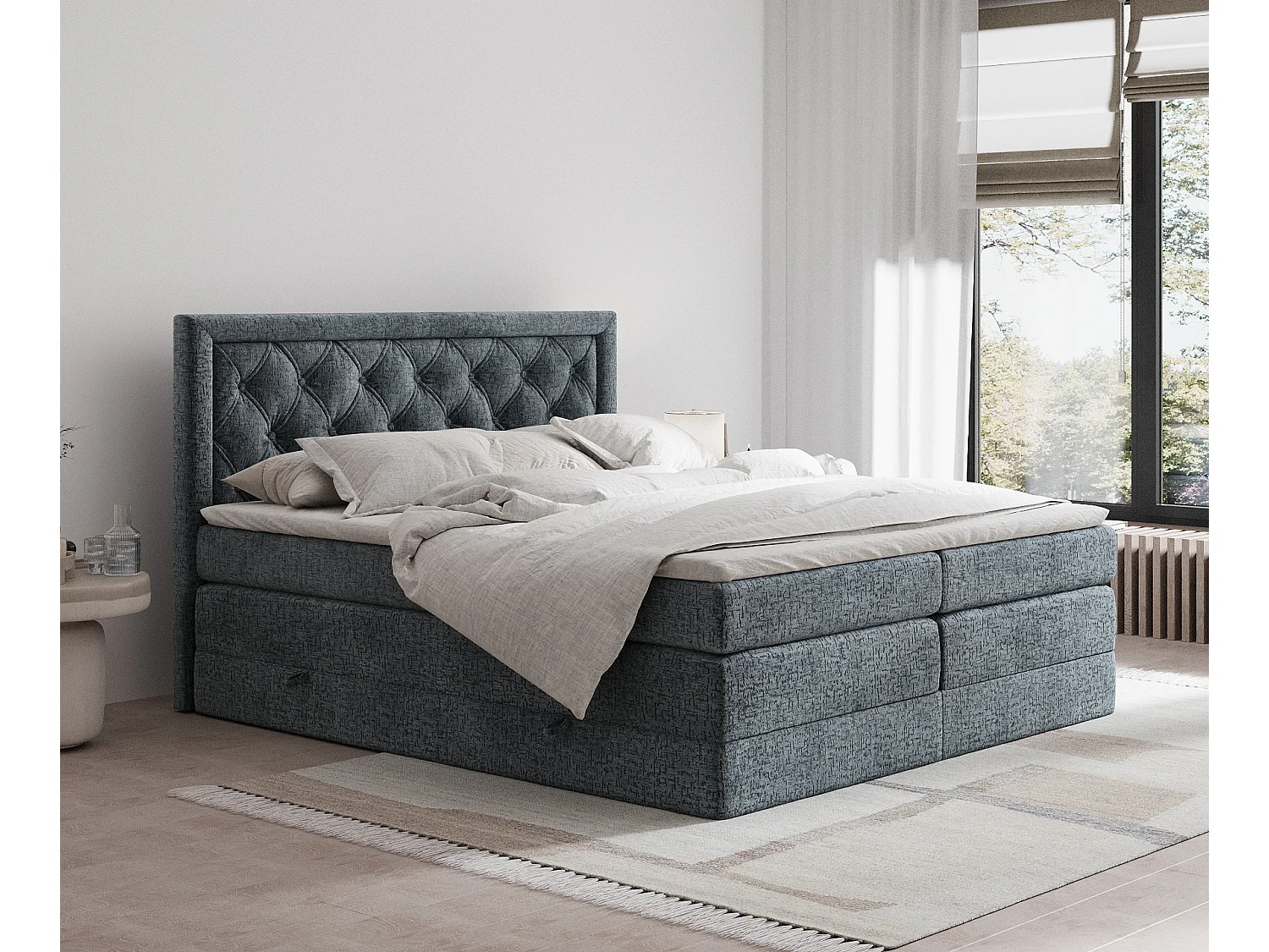 Łóżko boxspring w tkaninie szenilowej Aurelia - materac - topper - 200x200 cm - szary 3981320 - obrazek 1