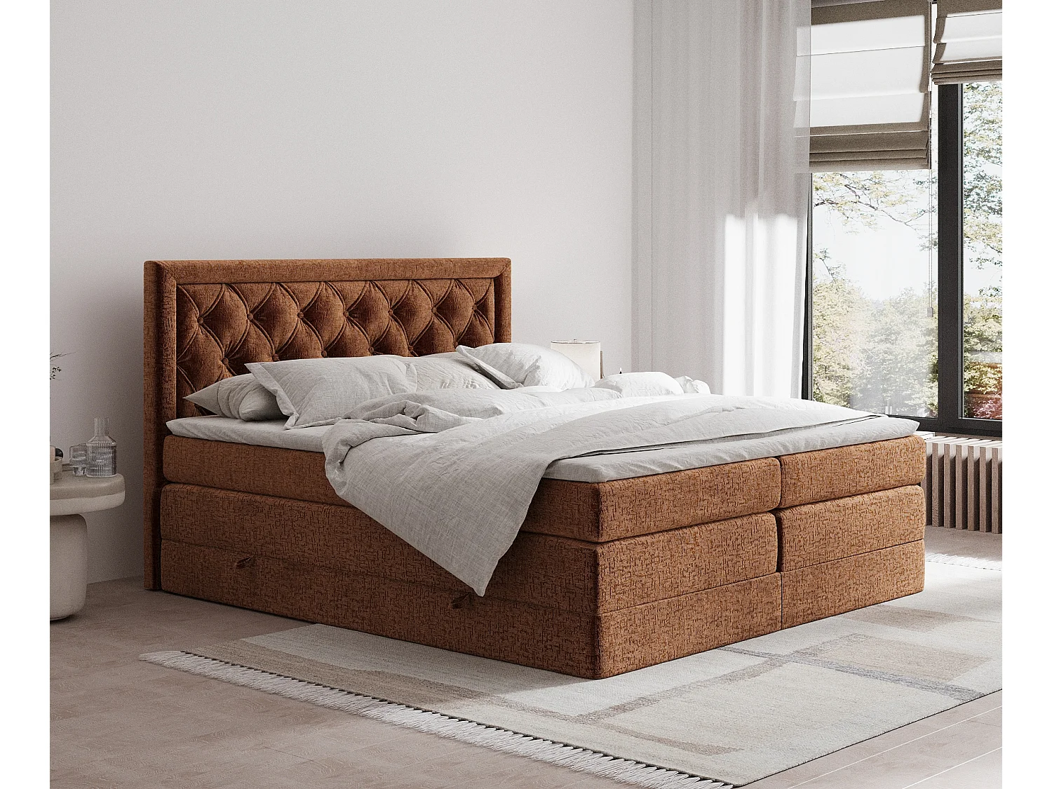 Łóżko boxspring w tkaninie szenilowej Aurelia - materac - topper - 140x200 cm - miedziany 3981135 - obrazek 1