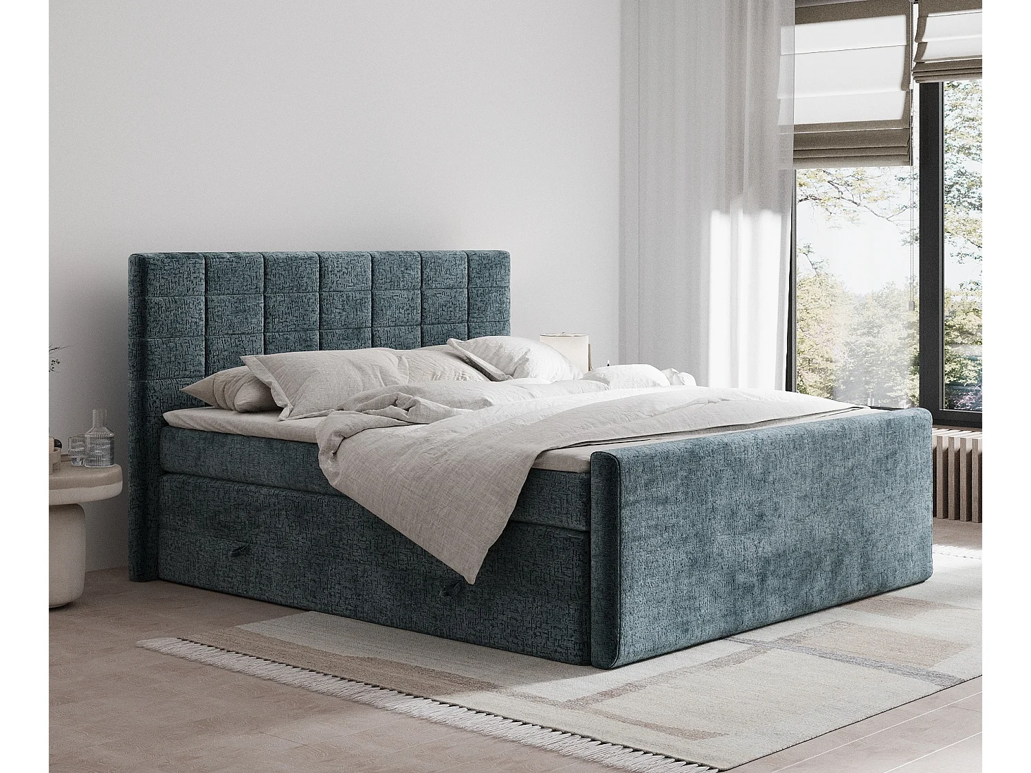 Łóżko boxspring w tkaninie szenilowej Ava - materac - topper - 180x200 cm - niebieski 3981460 - obrazek 1