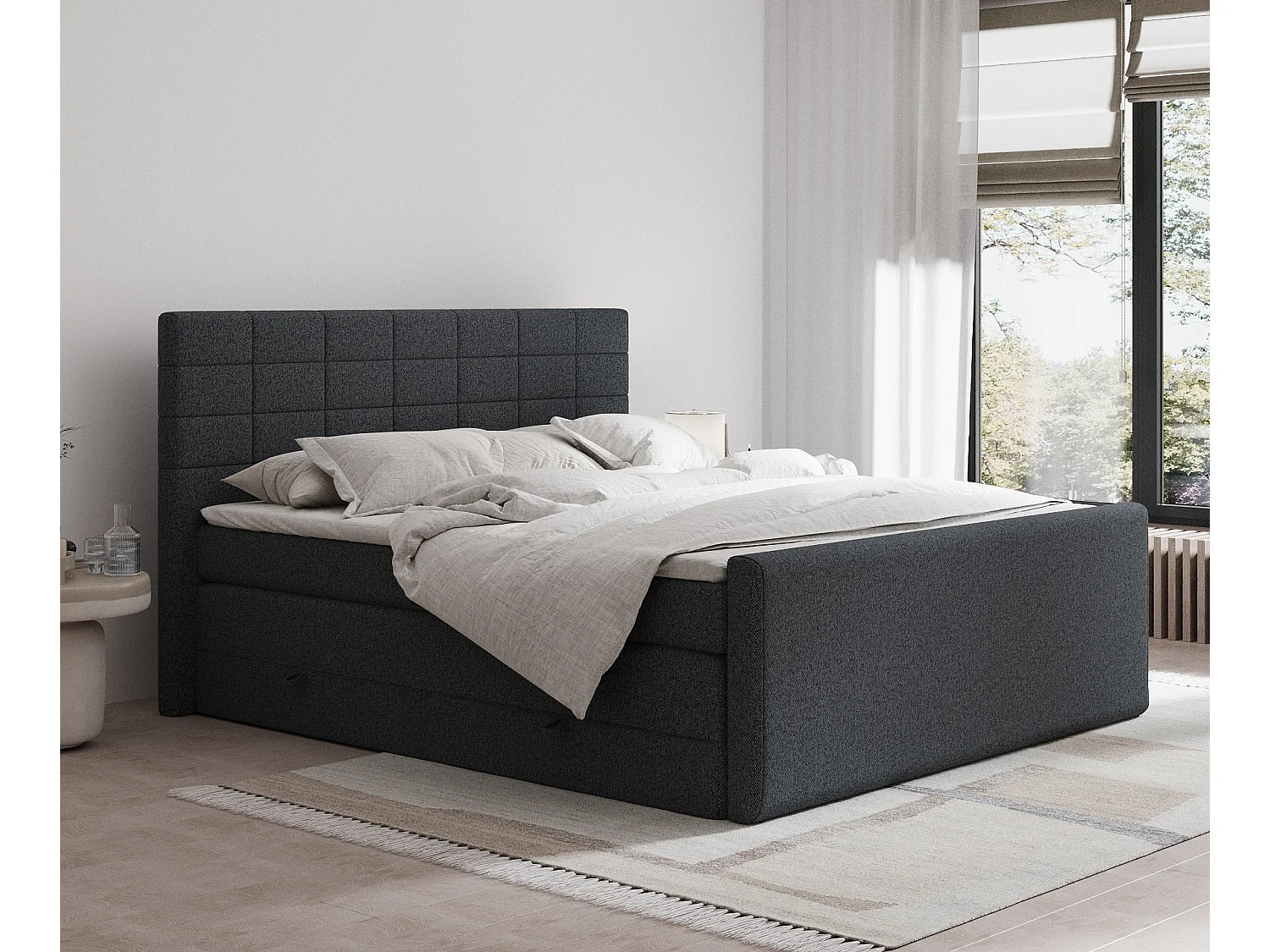 Łóżko boxspring w tkaninie plecionej Ava – materac – topper – 200×200 cm – czarny 3981177