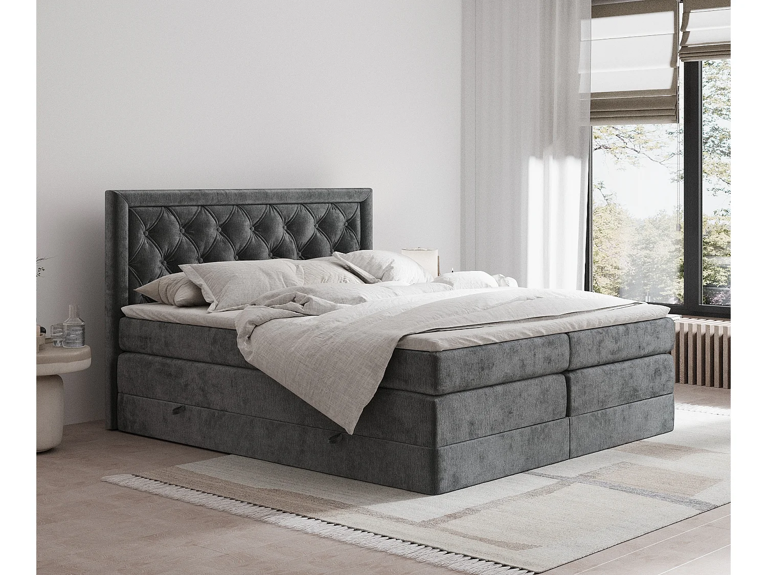 Łóżko boxspring w tkaninie szenilowej Aurelia - materac - topper - 200x200 cm - ciemnoszary 3981693 - obrazek 1
