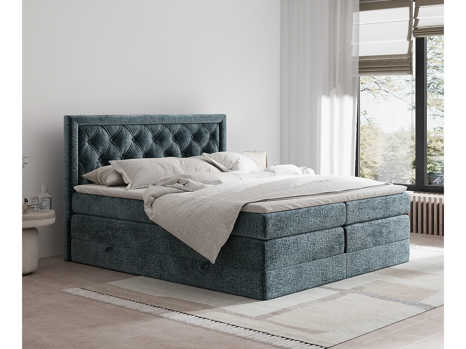 Łóżko boxspring w tkaninie szenilowej Aurelia - materac - topper - 200x200 cm - niebieski 3981344 - obrazek 1