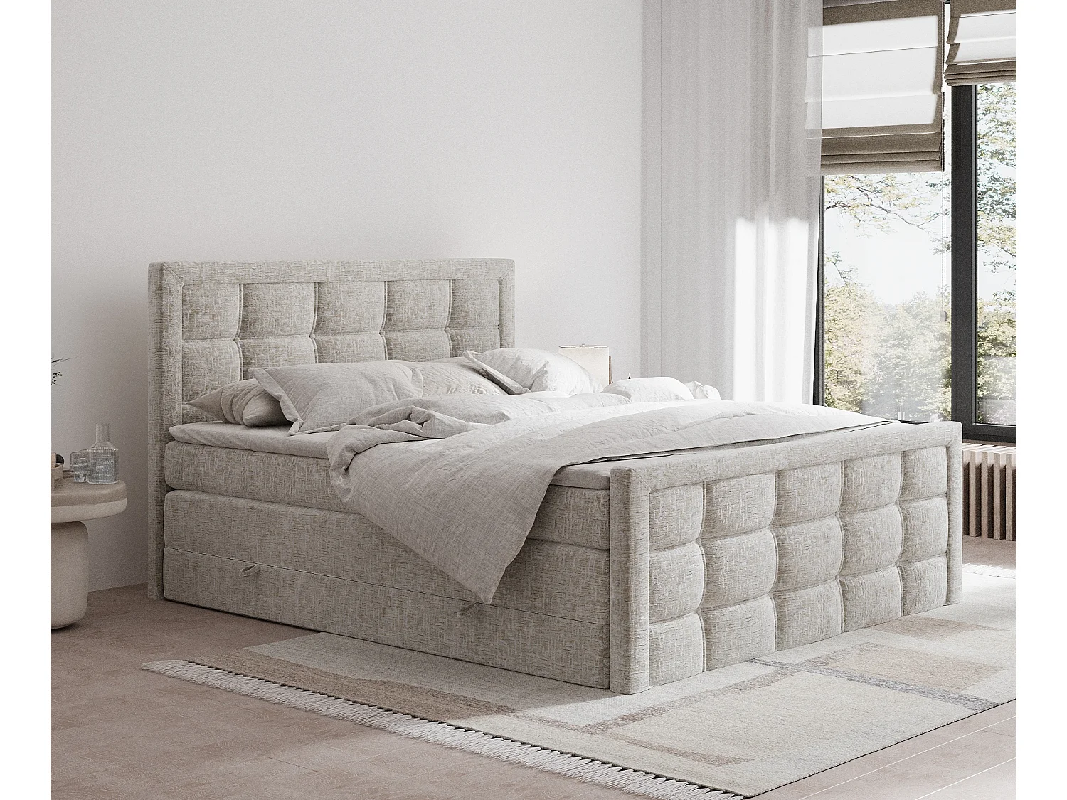 Łóżko boxspring w tkaninie szenilowej Ambrosia - materac - topper - 140x200 cm - beżowy 3981477 - obrazek 1