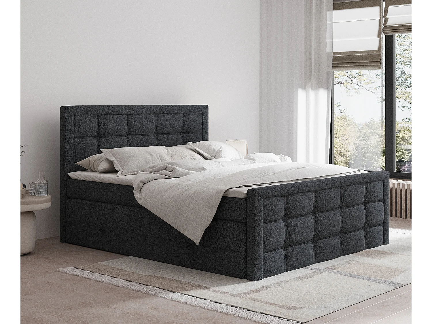 Łóżko boxspring w tkaninie plecionej Ambrosia – materac – topper – 200×200 cm – czarny 3981482