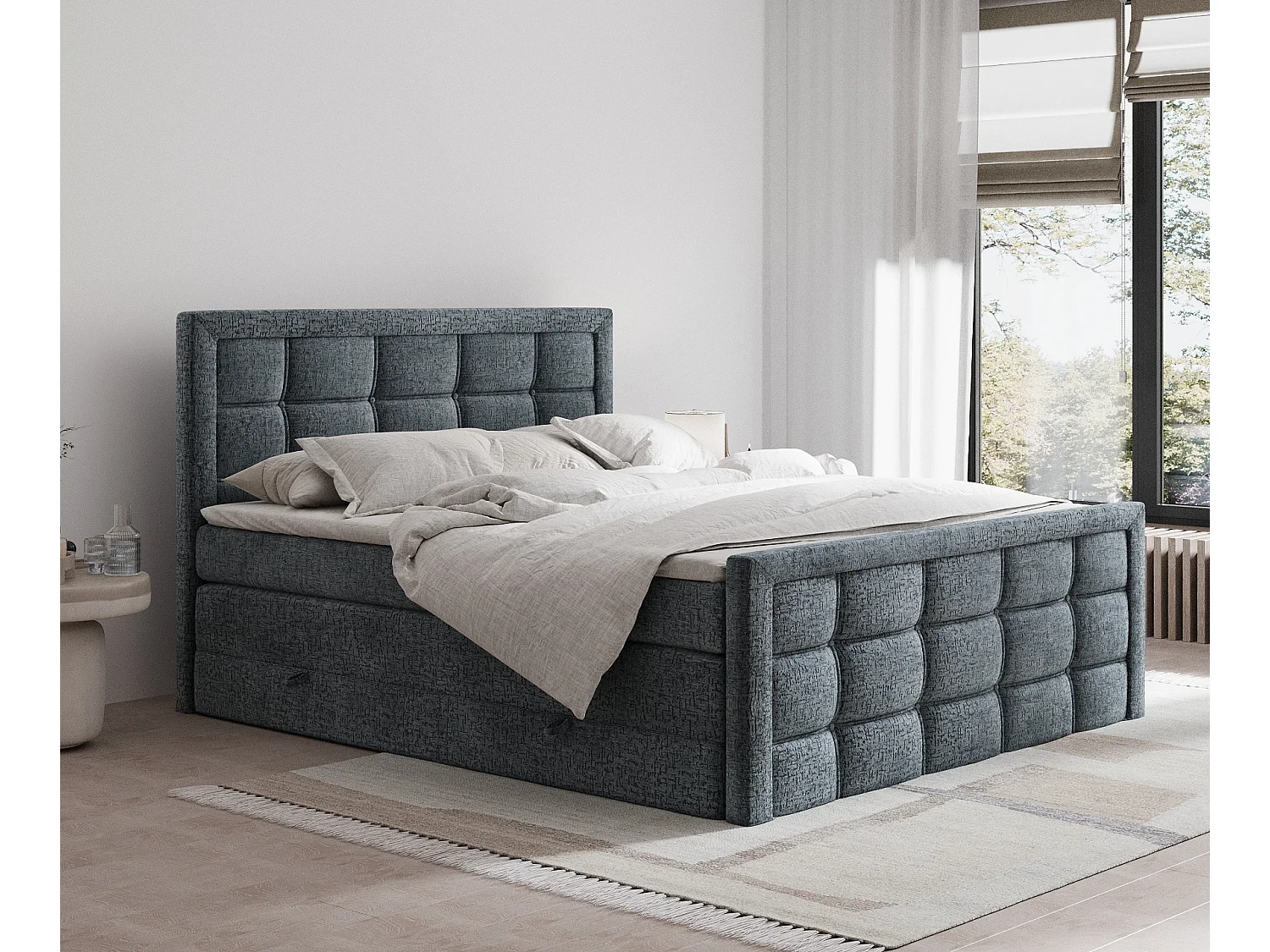 Łóżko boxspring w tkaninie szenilowej Ambrosia - materac - topper - 180x200 cm - szary 3981724 - obrazek 1