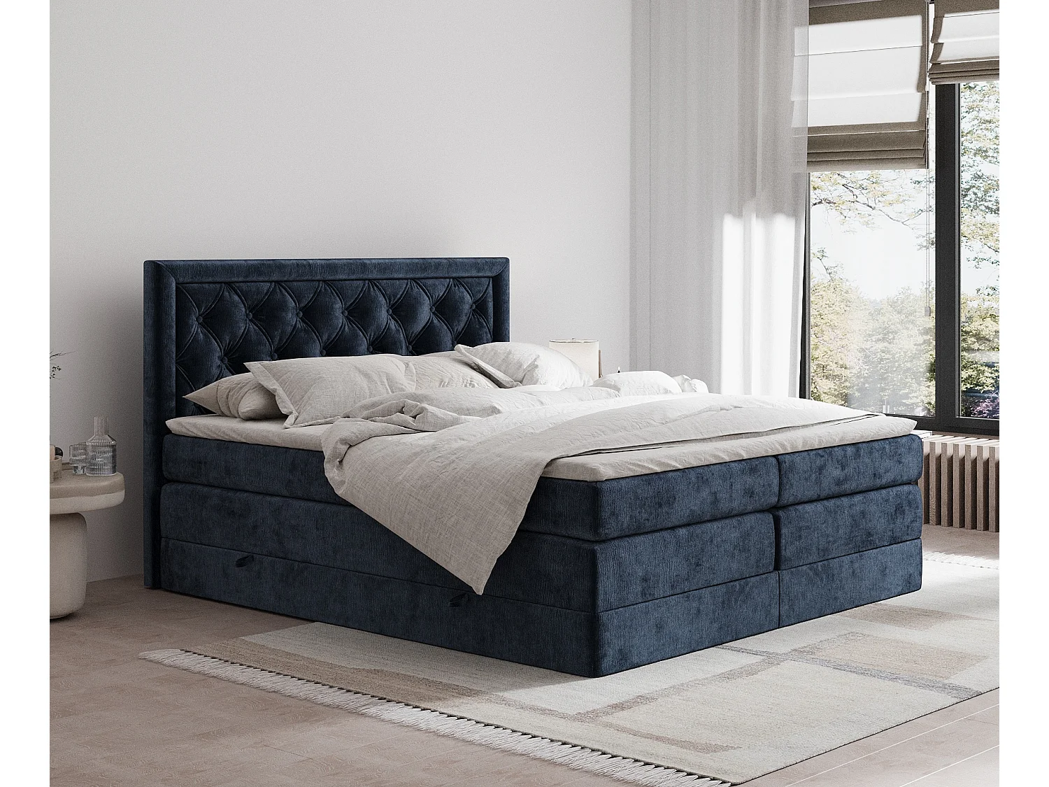 Łóżko boxspring w tkaninie szenilowej Aurelia - materac - topper - 140x200 cm - granatowy 3981727 - obrazek 1