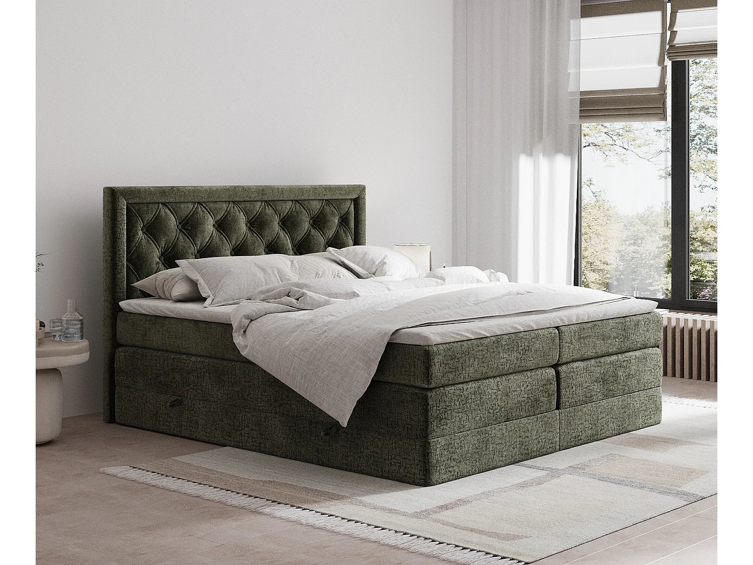 Łóżko boxspring w tkaninie szenilowej Aurelia - materac - topper - 140x200 cm - oliwkowy 3981835 - obrazek 1
