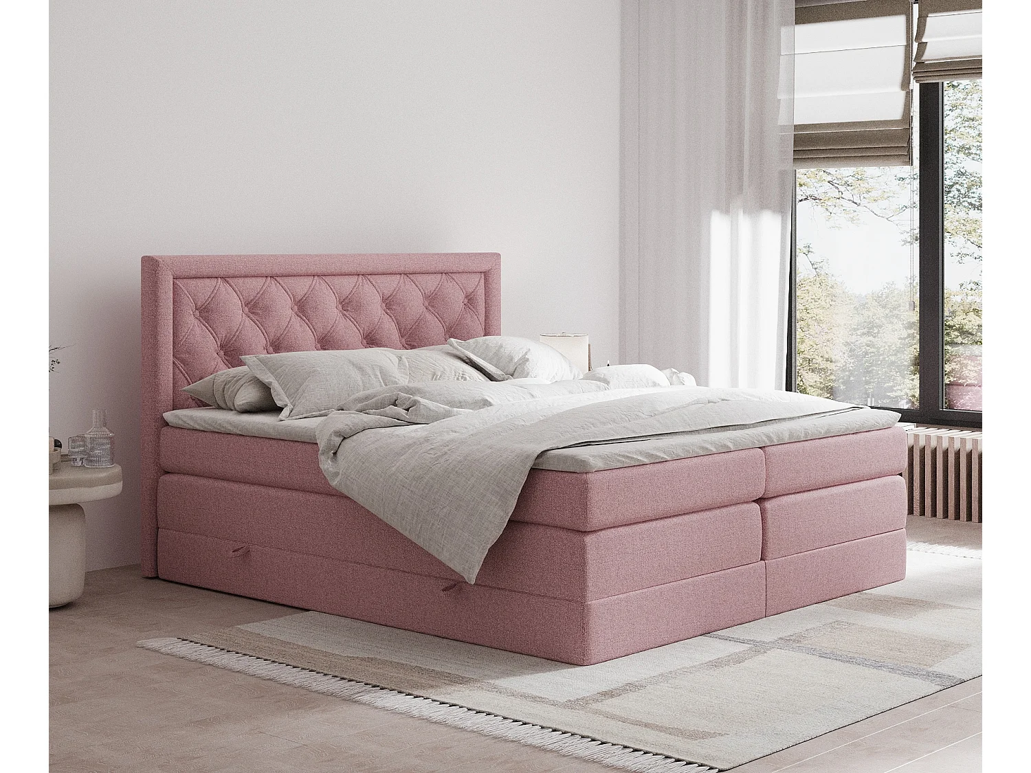 Łóżko boxspring w tkaninie plecionej Aurelia – materac – topper – 200×200 cm – różowy 3982036