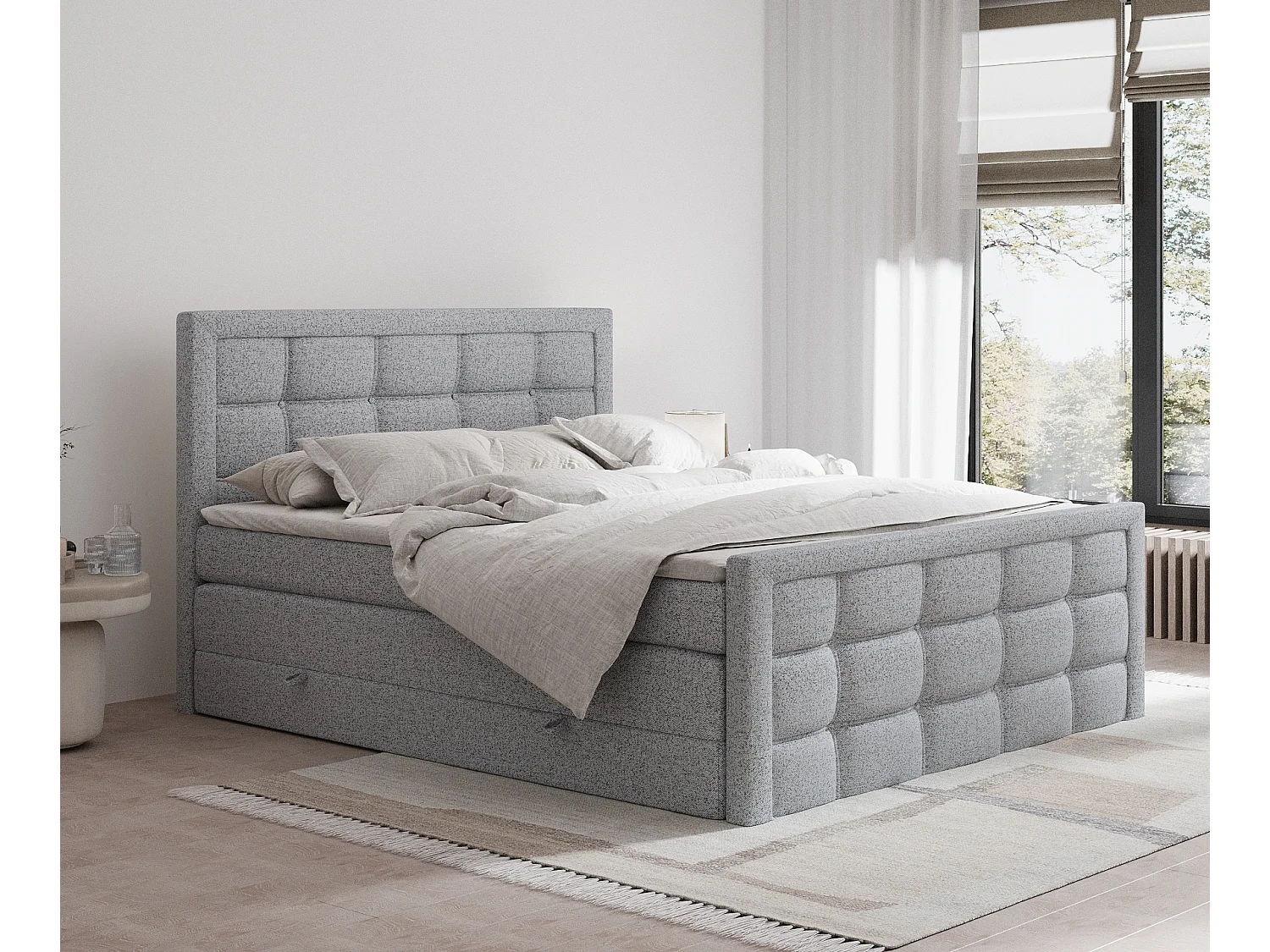 Łóżko boxspring w tkaninie plecionej Ambrosia – materac – topper – 180×200 cm – szary 3981861