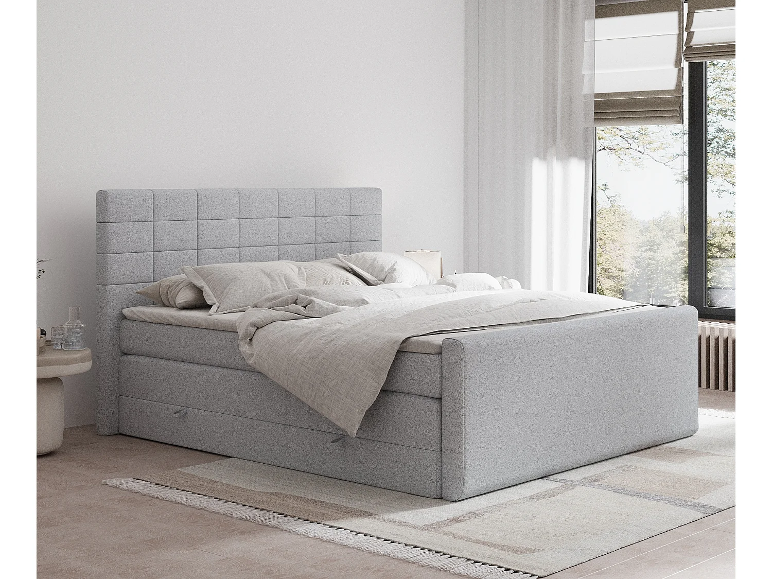 Łóżko boxspring w tkaninie plecionej Ava – materac – topper – 200×200 cm – jasnoszary 3981956