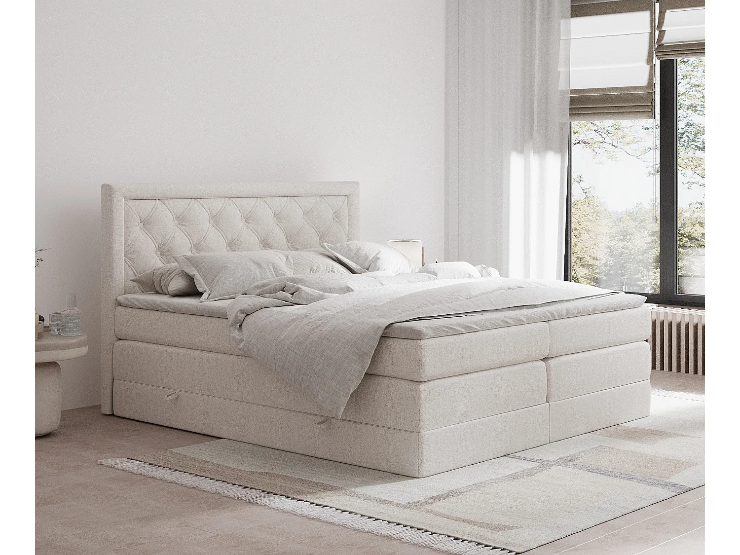 Łóżko boxspring w tkaninie plecionej Aurelia – materac – topper – 160×200 cm – beżowy 3981865