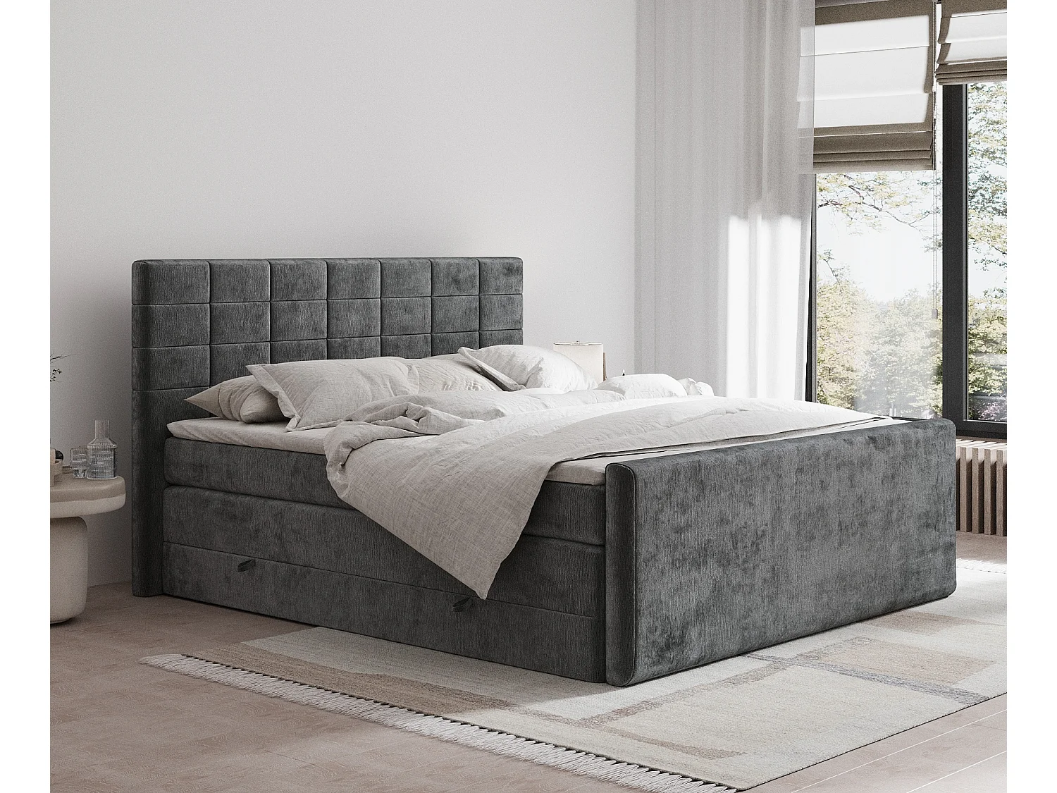 Łóżko boxspring w tkaninie szenilowej Ava - materac - topper - 160x200 cm - ciemnoszary 3981963 - obrazek 1
