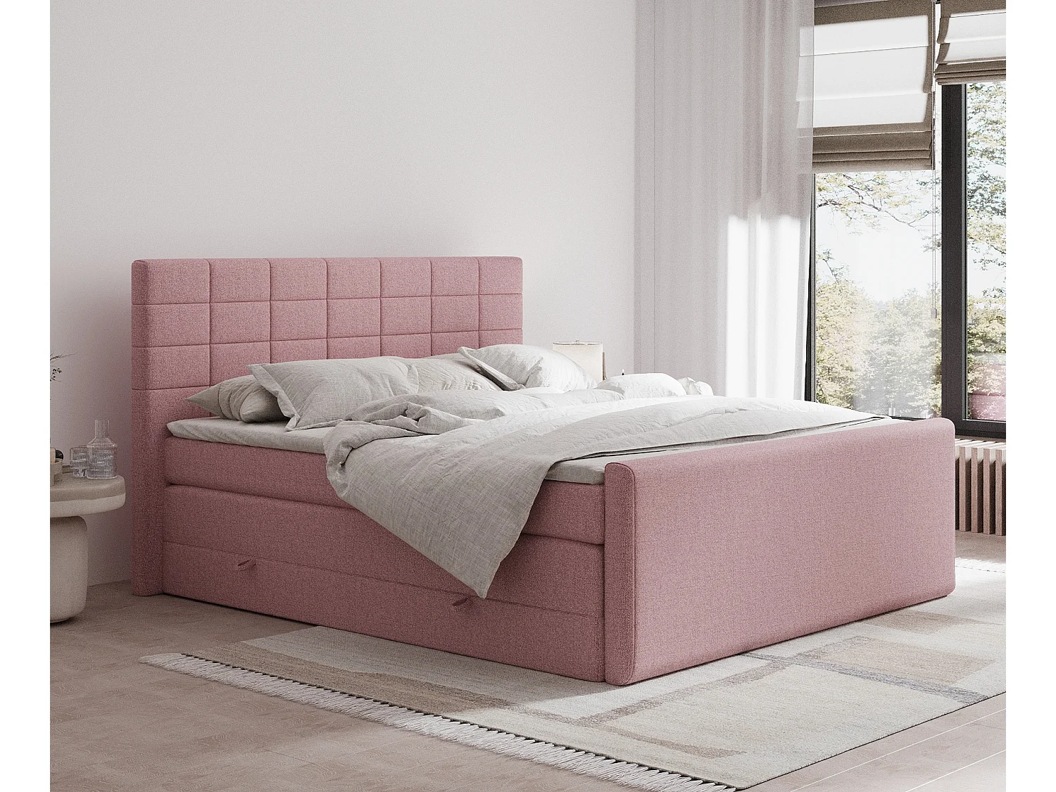 Łóżko boxspring w tkaninie plecionej Ava – materac – topper – 180×200 cm – różowy 3982003