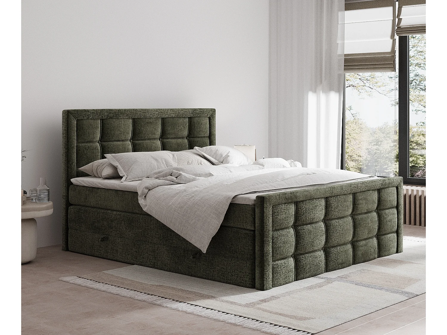 Łóżko boxspring w tkaninie szenilowej Ambrosia - materac - topper - 140x200 cm - oliwkowy 3981760 - obrazek 1