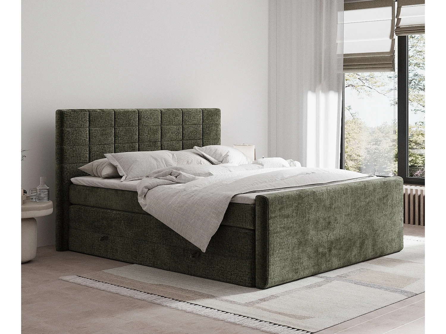 Łóżko boxspring w tkaninie szenilowej Ava - materac - topper - 200x200 cm - oliwkowy 3982608 - obrazek 1