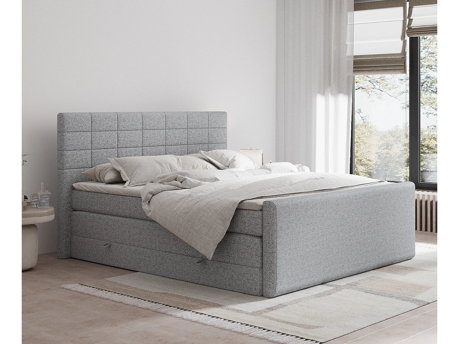 Łóżko boxspring w tkaninie plecionej Ava – materac – topper – 200×200 cm – szary 3981766