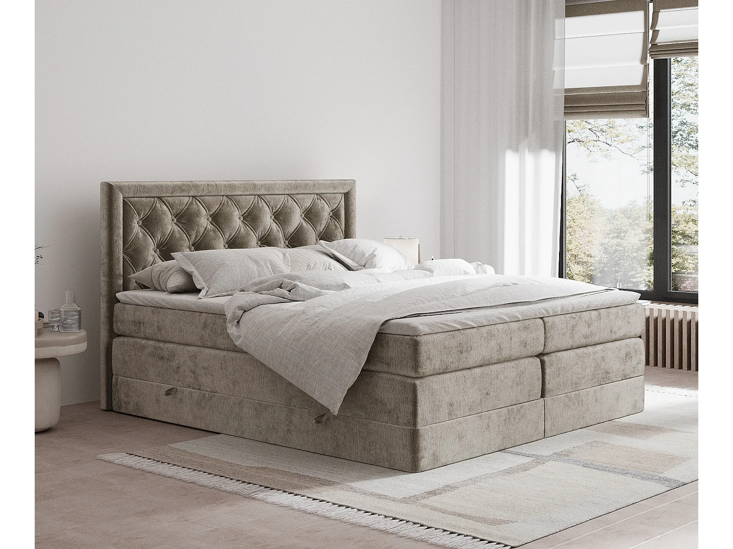 Łóżko boxspring w tkaninie szenilowej Aurelia - materac - topper - 140x200 cm - beżowy 3982067 - obrazek 1