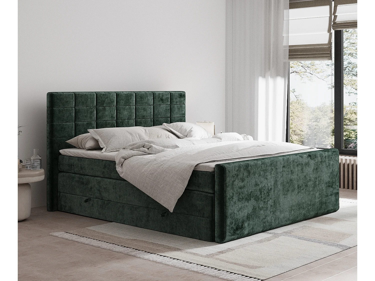 Łóżko boxspring w tkaninie szenilowej Ava - materac - topper - 200x200 cm - zielony 3981887 - obrazek 1