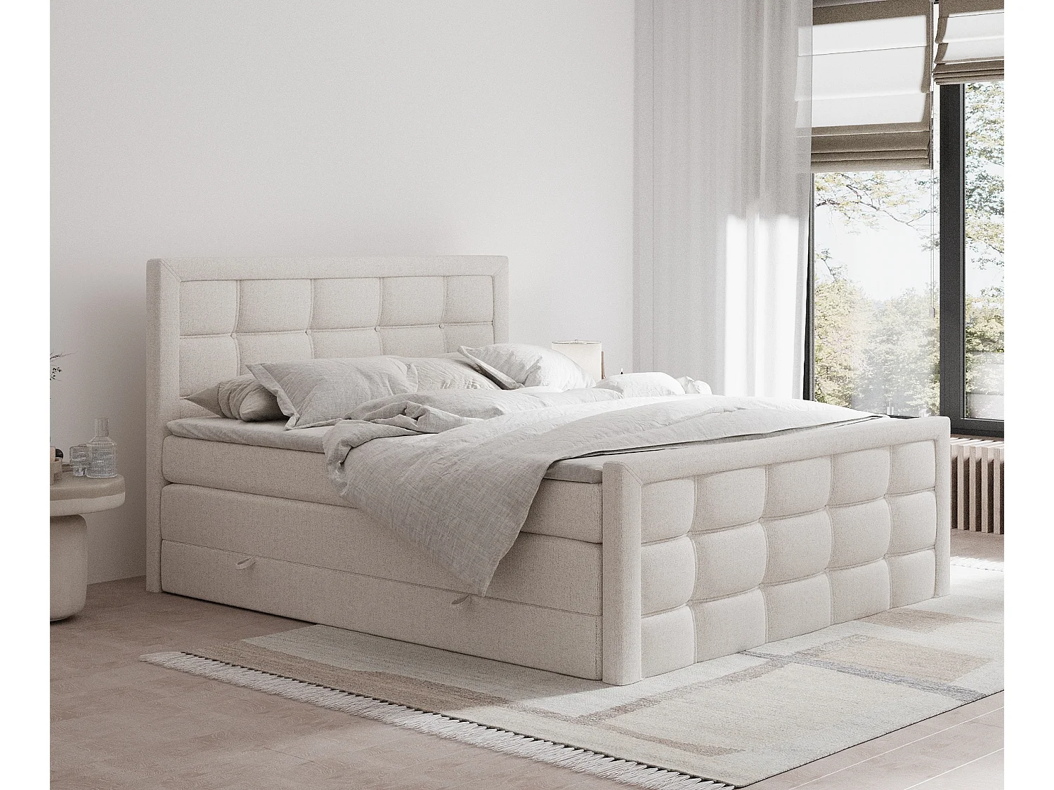 Łóżko boxspring w tkaninie plecionej Ambrosia – materac – topper – 140×200 cm – beżowy 3982089